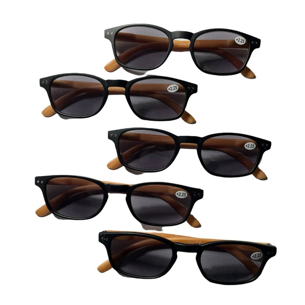 Wood-grain Printed Arms Reading Glasses Sunshine Readers Grey Lens 5-pack  +2.25